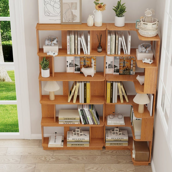 English Elm Set of 2 Modular Corner Bookcases L Shaped and I Space Saving Home Office Shelving Dark Oak W2899S00001
