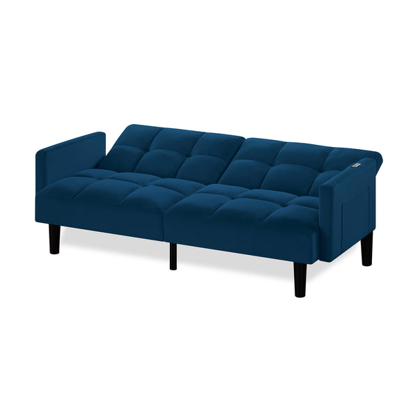 English Elm Velvet Convertible Futon Sofa Bed with Adjustable Back, Plush 9" Cushion, Eucalyptus Frame for Apartments Navy Blue W1413P332829