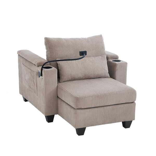 English Elm Convertible Chaise Lounge Sofa Chair & Bed - Corduroy With Usb Ports, Cup Holders & Storage Space N719S002021D