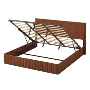 English Elm King Platform Storage Bed Walnut Hydraulic Lift Corrugated Wood Headboard Frame W1820S00060