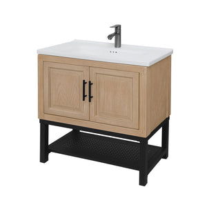 English Elm 32" Modern Bathroom Vanity with White Ceramic Seamless Sink, Textured Aluminum Faucet, Durable Hinges and Open Iron Shelf for Stylish Storage Natural W688P224389