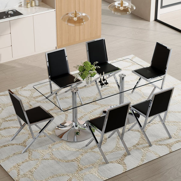 English Elm Table and Chair Set Oval Glass Top Gold Base with 8 Shell Pu Dining Chairs Black+Silver W1151S04767