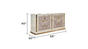 English Elm Omari Modern 4-Piece Queen Bedroom Set With Hydraulic Storage Bed & Gold Accents In Elegant Beige B009S01395