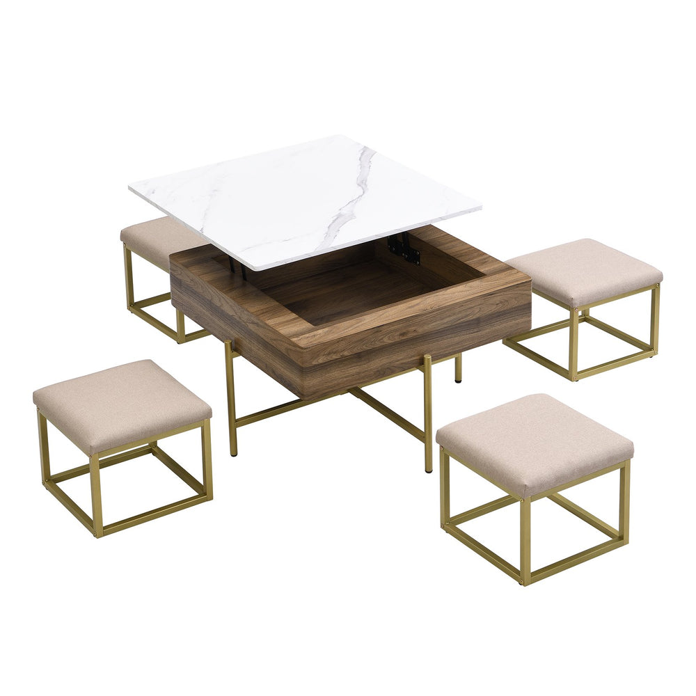 English Elm Modern Square Lift-Top Coffee Table Set with Hidden Storage, 4 Tuck-Away Ottomans, White Walnut Elegance CH192954AAK