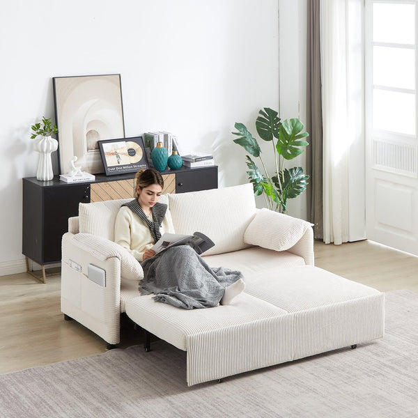 English Elm MH'' MH' 64.5 Inch Sleeper Sofa Bed with Corduroy Upholstery, Sturdy Wood & Iron Frame, 3-in-1 Convertible Comfort Beige W1193S00124