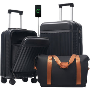 English Elm Front Access Hardside 3 Piece Travel Set with Usb Port Spinner Wheels and Tsa Lock Black N732P326130B