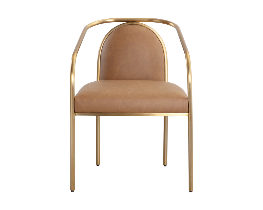 Sunpan Cicero Dining Armchair - Elegant Milliken Cognac Faux Leather & Gold Stainless Steel Accent Piece