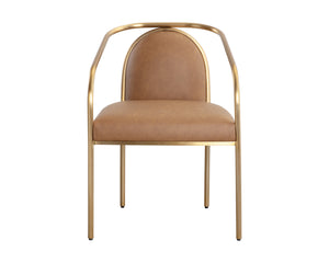 Sunpan Cicero Dining Armchair - Elegant Milliken Cognac Faux Leather & Gold Stainless Steel Accent Piece