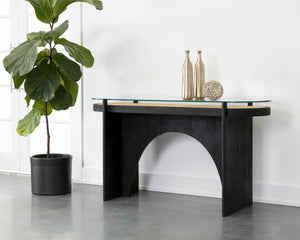 Sunpan ADORA Console Table: Handcrafted Rattan & Black Mango Wood, Perfect for Eclectic Living Spaces! 110642