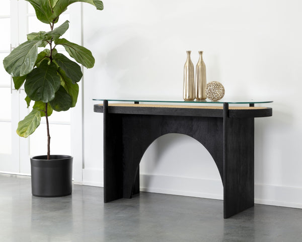 Sunpan ADORA Console Table: Handcrafted Rattan & Black Mango Wood, Perfect for Eclectic Living Spaces! 110642