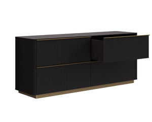 Sunpan Kalla Dresser - Elegant Oak Design with Gold Steel Base, Soft Closing Drawers, and Unique Texture Charcoal