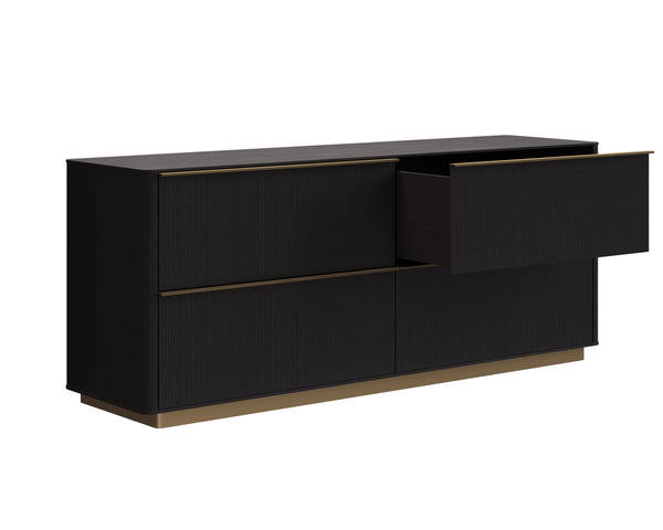 Sunpan Kalla Dresser - Elegant Oak Design with Gold Steel Base, Soft Closing Drawers, and Unique Texture Charcoal
