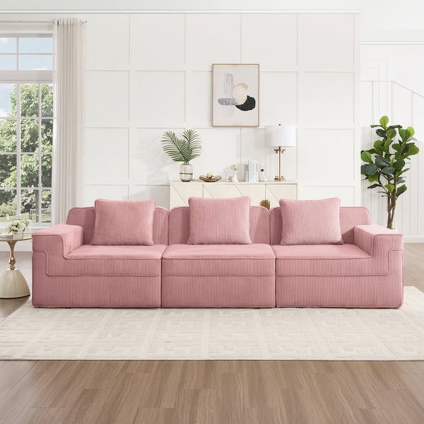 English Elm Modular 3-Seat Boneless Sofa - Cloud-Like Comfort, Soft Pink Corduroy, Modern Design With Pillows W3041S00338