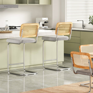 English Elm Counter Velvet Bar Stools Set of 2 with Rattan Back, Cantilever 26" Armless Counter Chairs, Light Grey, Anti-Slip Protector, Easy Assemble T3623P379870