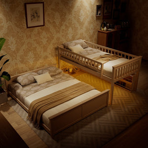 English Elm Twin Xl Over Queen Bunk Bed with Led Lighting Shelving and Pegboard Pinewood Frame Beige LT000280AAA