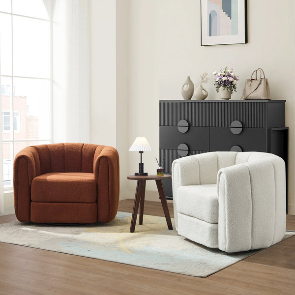 English Elm Swivel Teddy Barrel Chair with 360° Rotation, Plush Upholstered Bucket Seat, Solid Wood Frame Brown W2606P187689