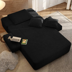 English Elm Luxurious Corduroy Convertible Chaise Lounge Sofa Bed with Foam Support for Apartments Black W3219P449015