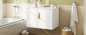 English Elm 30" Vintage Bathroom Vanity with Ceramic Sink — Wall-Mount MDF & Solid Wood Cabinet, Storage, Sleek Finish White N710P214100K