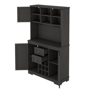 English Elm Coffee Bar Cabinet Dark Blue Farmhouse Buffet with Wine Cubbies, Stemware Rack, Drawers, Shelves & Prep Space Black W1580S00088