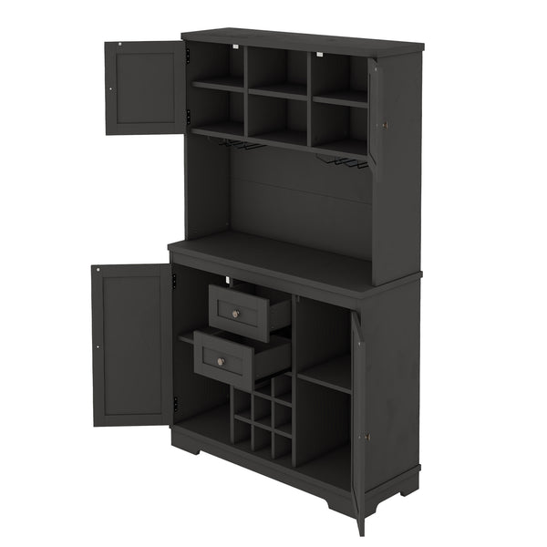 English Elm Coffee Bar Cabinet Dark Blue Farmhouse Buffet with Wine Cubbies, Stemware Rack, Drawers, Shelves & Prep Space Black W1580S00088