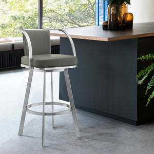 English Elm Tavin 30" Gray Faux Leather Swivel Bar Stool with Brushed Stainless Frame, Padded Comfort & Footrest B2736P268566