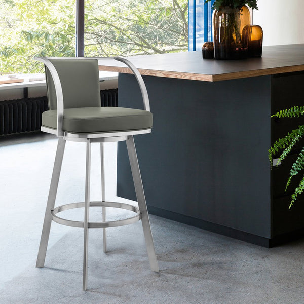 English Elm Tavin 30" Gray Faux Leather Swivel Bar Stool with Brushed Stainless Frame, Padded Comfort & Footrest B2736P268566