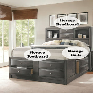 English Elm Ireland Gray Oak Storage Bed With Bookcase Headboard, 8 Drawers & Modern Platform Design For Small Spaces B2726S00355