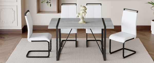 English Elm Table And Chair Set - Modern Grey Marble Mdf Dining Table With Metal Frame & 4 White Pu Chairs W1151S02685-GIGA