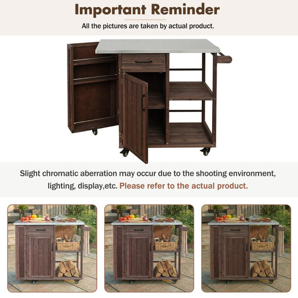 English Elm Foldable Outdoor Kitchen Cart with Stainless Worktop Fir Wood Frame and Lockable Wheels Dark Brown N719P380278S