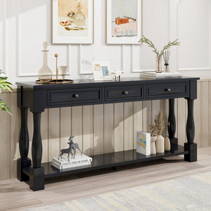 English Elm Trexm Distressed Entryway Console Table Three Drawers Open Shelf Mediterranean Wood Espresso N715P372052B