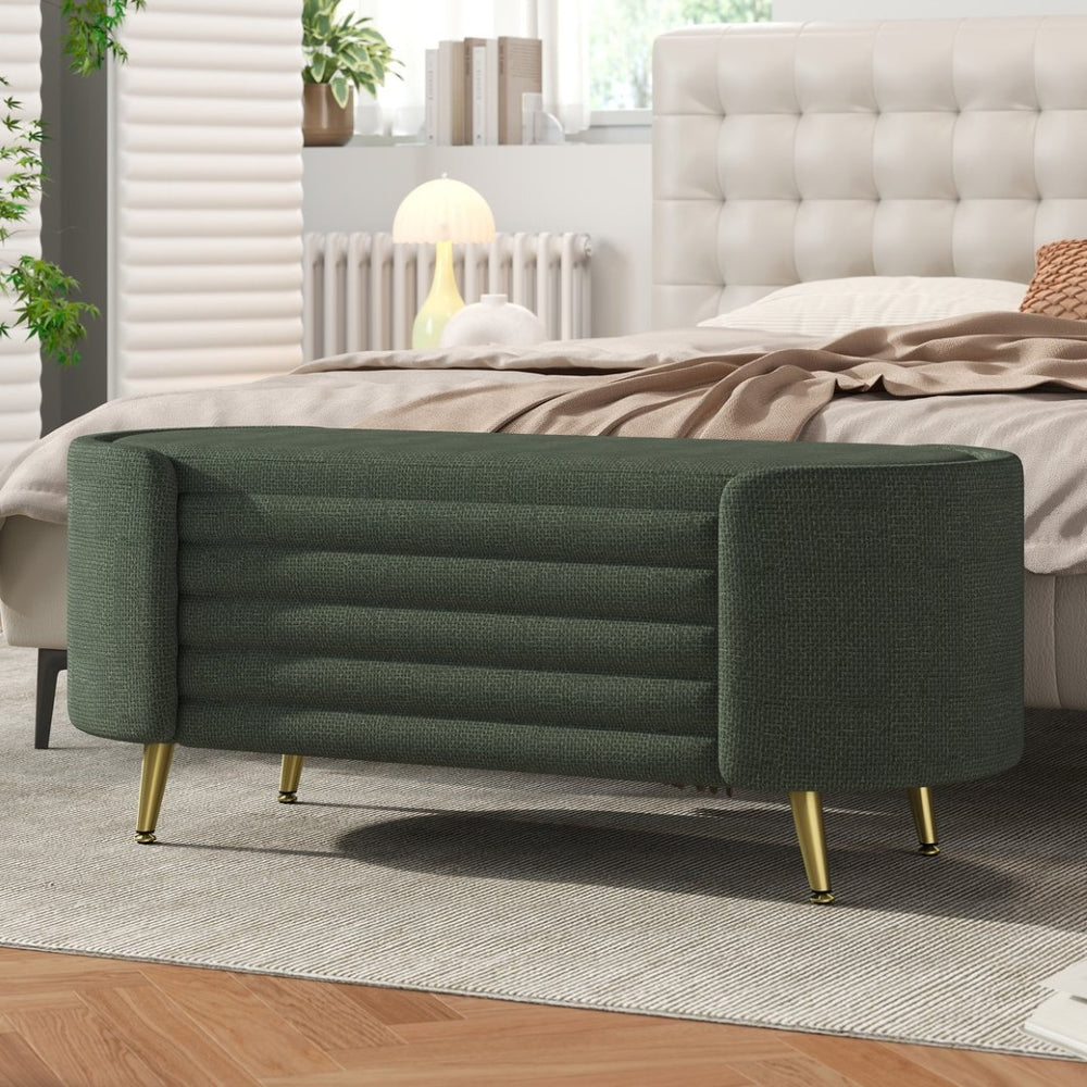 English Elm Modern Boucle Tufted Storage Ottoman Bench with Gold Legs for Bedroom or Entryway Green N719P305628F