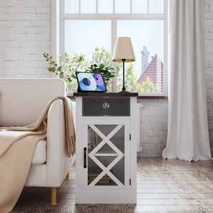 English Elm Farmhouse Nightstand with Charging Station, 15.4" Rustic Barn Door End Table, USB & AC Outlets, White T3609P332411