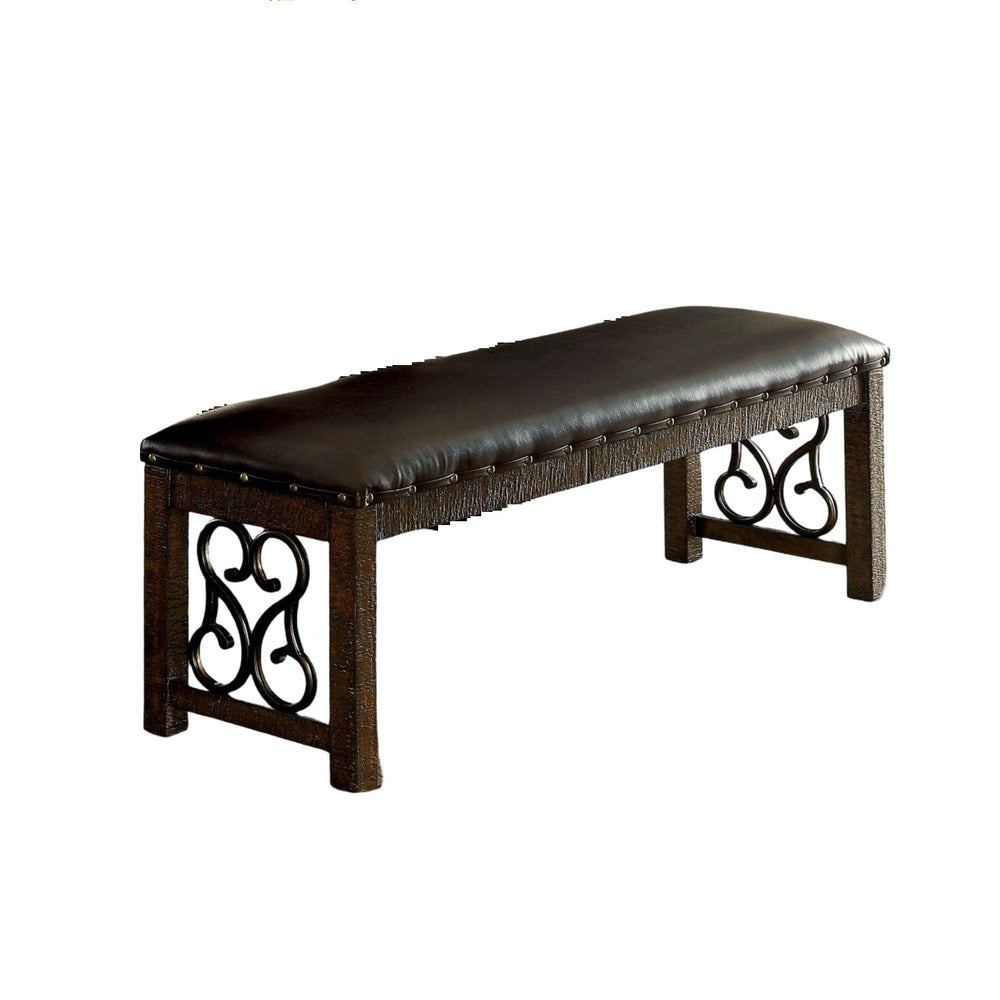 English Elm Traditional Brown Leatherette Bench with Metal Scrollwork and Nailhead Trim, Rustic Walnut Finish, 56" B011P246017