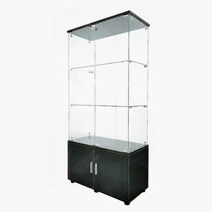 English Elm Double-door Glass Display Cabinet with Led Lighting Four Shelf Living Room Storage Black W3155S00023
