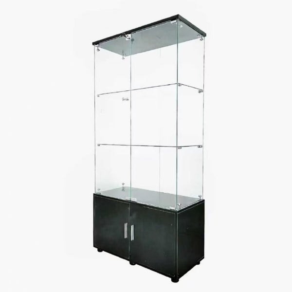 English Elm Double-door Glass Display Cabinet with Led Lighting Four Shelf Living Room Storage Black W3155S00023