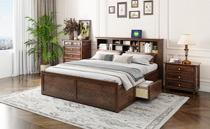 English Elm King Platform Bed with Multi-Storage Headboard, Built-In USB & Outlets, Side Drawers, Modern Design Wood GX000400AAD