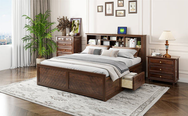 English Elm King Platform Bed with Multi-Storage Headboard, Built-In USB & Outlets, Side Drawers, Modern Design Wood GX000400AAD
