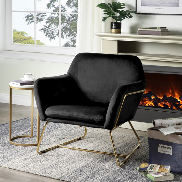 English Elm Kyra Velvet Accent Chair with Gold Metal Legs for Glam Living Room Decor Black B2749P413365