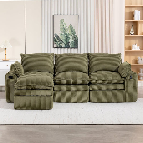 English Elm L Shaped Corduroy Modular Sectional with Cloud Cushions Footstool and Lumbar Pillows Emerald W395S00139