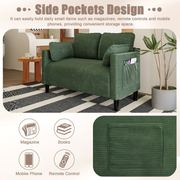 English Elm 48" Corduroy Compact Loveseat with Side Pocket Solid Wood Frame for Small Spaces Dark Green W2715P409866