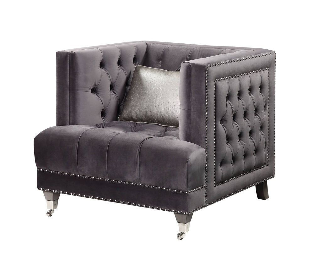 English Elm Hegio Gray Velvet Accent Chair with Pillow, Chesterfield Tufted Back, Nailhead Trim & Caster Legs B2726P284222