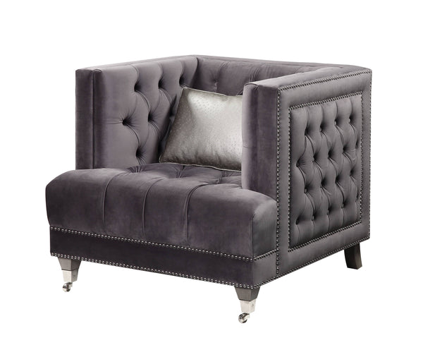 English Elm Hegio Gray Velvet Accent Chair with Pillow, Chesterfield Tufted Back, Nailhead Trim & Caster Legs B2726P284222