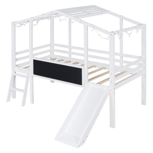 English Elm Twin House Loft Bed with Slide Chalkboard Panel and Led Roofline for Kids White WF324323AAK