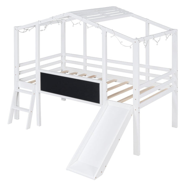 English Elm Twin House Loft Bed with Slide Chalkboard Panel and Led Roofline for Kids White WF324323AAK