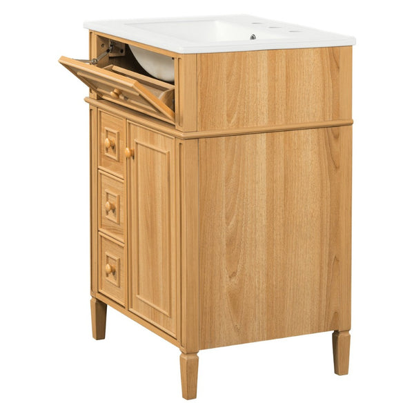 English Elm 24" Solid Pine Bathroom Vanity Cabinet with Ceramic Sink Soft Close Drawers N725P375500N