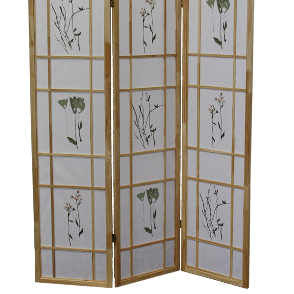 English Elm 70" Elegant Shoji-Style 3-Panel Room Divider Screen With Floral Print - Natural Solid Pine Design B072115966