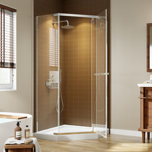 English Elm Corner Frameless Neo-angle Pivot Shower Enclosure with Tempered Glass and Sleek Hardware Chrome W637P348803