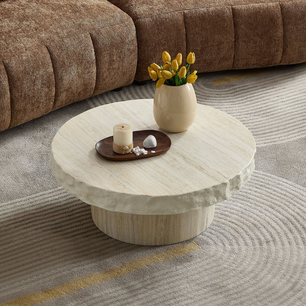 English Elm 31.69 Inch Round Fiberglass Coffee Table Sculptural Stone Finish for Modern Living Room W876P450501