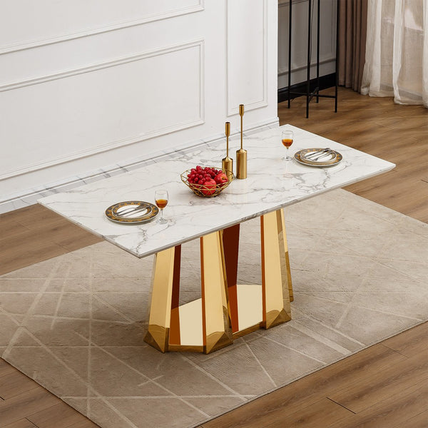 English Elm Marble Dining Table For 6-8, 70'' Rectangle Faux Marble Design With Elegant Gold Stainless Steel Base W3456S00011