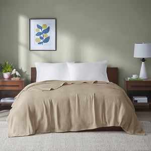 JLA Home Madison Park - Cotton Madison Park Basket Weave Blanket — Lightweight, OEKO‑TEX Certified Cotton for Year‑Round Comfort Khaki BL51N-0862